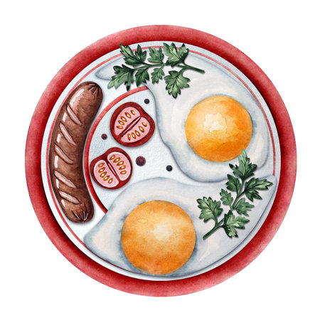 Breakfast watercolor composition with fried eggs and sausage in pan on a cutting board with toast, tomatoes, coffee, parsley, pepper, garlic and pepperの写真素材