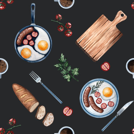 Breakfast watercolor pattern with fried eggs and sausage in pan on a cutting board with toast, tomatoes, coffee, parsley, pepper, garlic and pepperの写真素材