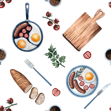 Breakfast watercolor pattern with fried eggs and sausage in pan on a cutting board with toast, tomatoes, coffee, parsley, pepper, garlic and pepperの写真素材