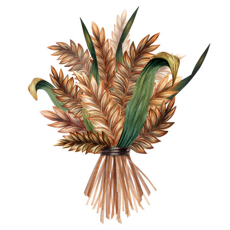 Wheat bouquet, tied golden ears of wheat, symbol of harvest, rural nature, painted in watercolor. Perfect for prints, packaging, invitations, kitchen decor, organic product branding, rustic designs.の写真素材