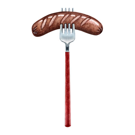 Fork with red handle with sausage. Watercolor illustration of cutlery. Silverware elements hand-painted isolated on whiteの写真素材