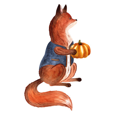 Watercolor red fox in blue vest holding pumpkin, perfect for autumn designs, cards, posters, patternsの写真素材