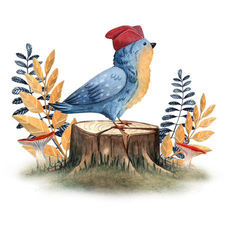 Watercolor titmouse on stump with green branch background, ideal for cards, posters, nursery prints, and nature inspired designsの写真素材