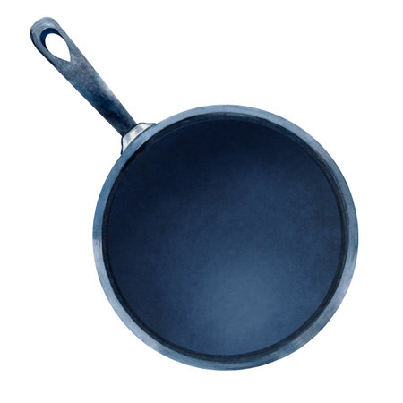Watercolor frying pan illustration. Perfect for breakfast design, menu layouts, kitchen-themed projectsの写真素材