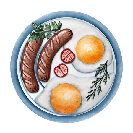 Breakfast watercolor composition, fried eggs, sausage, cutting board, toast, tomatoes, coffee, plate, garlic, illustrationの写真素材