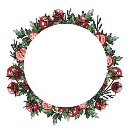 Watercolor round frame with tomatoes and parsley. Ideal for menu design, packaging, invitations, branding, kitchen art, and food-related projectsの写真素材