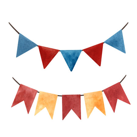 Watercolor illustration of colorful bunting flags on rope. Perfect for children books, fairy tales, posters, cards, invitations, scrapbooking, party decor, games and educational projectsの写真素材