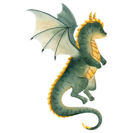 Watercolor illustration of a friendly green dragon with wings and tail. Perfect for children books, fairy tales, posters, cards, invitations, scrapbooking, decor, games and educational projectsの写真素材