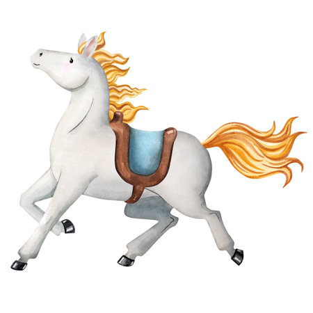 Watercolor illustration of a noble horse, perfect companion for knight or princess. Ideal for children books, fairytales, posters, cards, invitations, scrapbooking, decor, games, educational projectsの写真素材