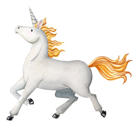 Watercolor illustration of a white unicorn with golden mane and horn. Perfect for children books, fairy tales, posters, cards, invitations, scrapbooking, decor, games and educational projectsの写真素材