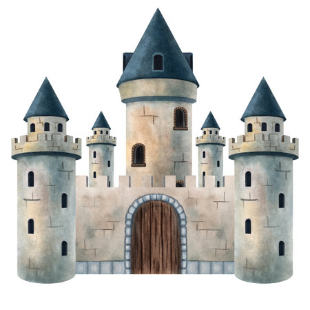 Watercolor illustration of a medieval stone castle with towers and wooden gate. Perfect for children books, fairytales, posters, cards, invitations, scrapbooking, decor, games and educational projectsの写真素材