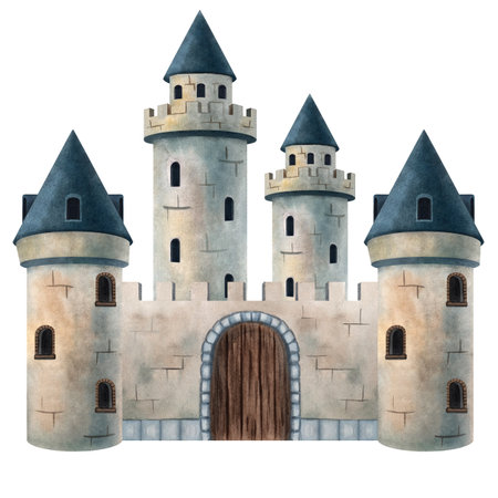 Watercolor illustration of a medieval stone castle with towers and wooden gate. Perfect for children books, fairytales, posters, cards, invitations, scrapbooking, decor, games and educational projectsの写真素材