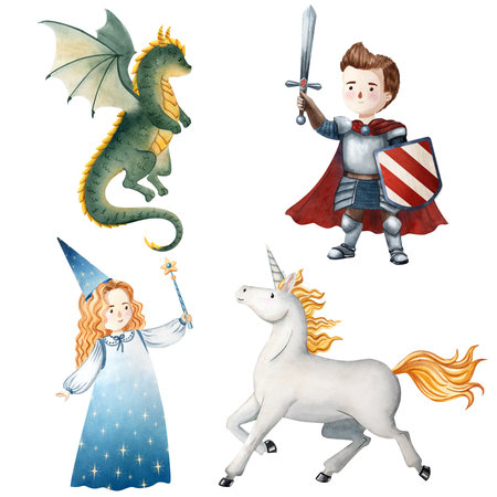 Watercolor set of fairytale characters including knight, sorceress, unicorn and dragon. Perfect for children books, fairy tales, posters, cards, invitations, scrapbooking, decor and gamesの写真素材
