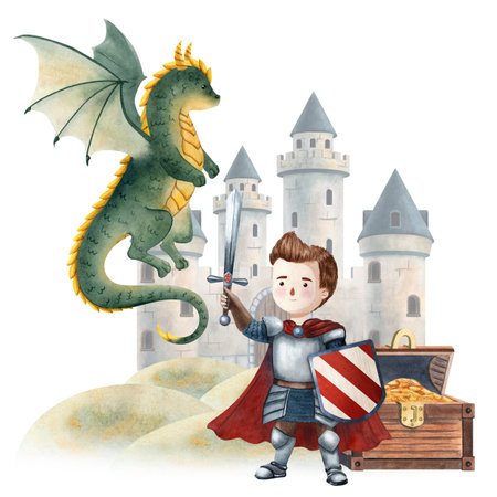 Watercolor illustration of a knight facing a dragon near medieval castle. Perfect for children books, fairy tales, posters, cards, invitations, scrapbooking, decor and games.の写真素材