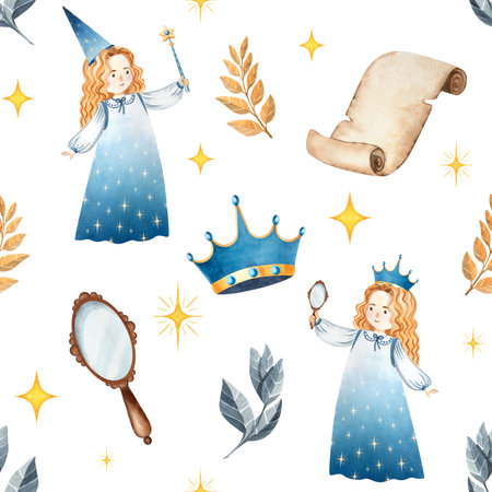 Seamless watercolor pattern with princess, sorceress, mirror, scroll, crown, branches and stars. Perfect for children books, fabrics, wallpapers, wrapping paper, posters, invitations and decorの写真素材