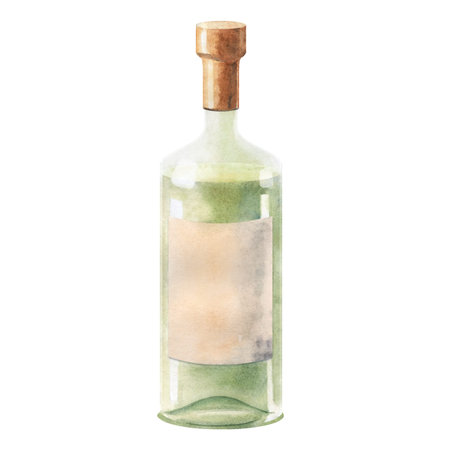 Watercolor wine bottle illustration isolated on white background. Perfect for party invitation, restaurant menu design, wine labels, celebration branding, bar decor, festive posters, gourmet projectsの写真素材