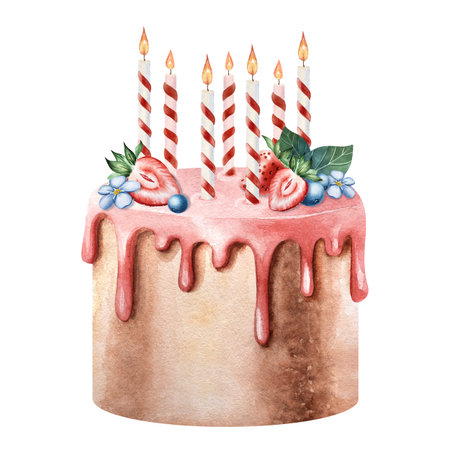 Watercolor birthday cake with candles, berries, floral decoration, isolated on white background. Perfect for party invitations, greeting cards, celebration posters, bakery branding, festive designの写真素材