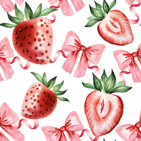Seamless watercolor pattern with strawberries and pink bows. Cute festive design for birthday, wrapping paper, textile, cards and invitations. Hand drawn illustration with sweet summer moodの写真素材