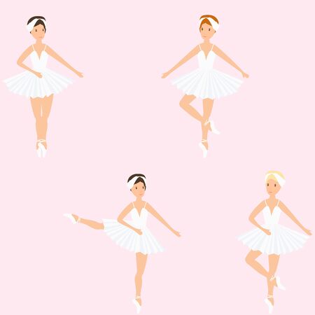 Set of ballerinas in tutu and pointe shoes, dancing and posing. Ballet vector pattern on the pink background.のイラスト素材