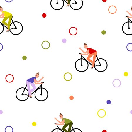 Woman girl riding on bicycle. Outdoor activities. Summertime seamless vector pattern.のイラスト素材