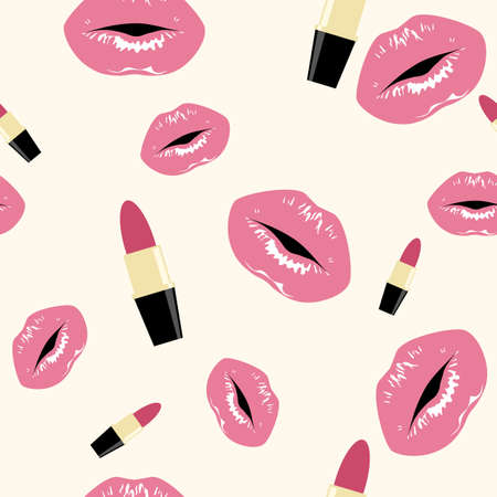 Pink lips prints with gloss and lipstick on the vanilla beige background. Vector seamless background.のイラスト素材
