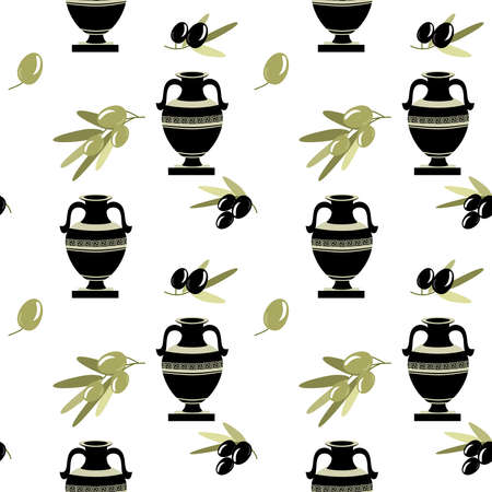 greek decorative ancient amphora and olive, jug. Seamless pattern, vector illustrationのイラスト素材