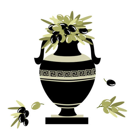 greek decorative ancient amphora and olive, jug. vector illustrationのイラスト素材