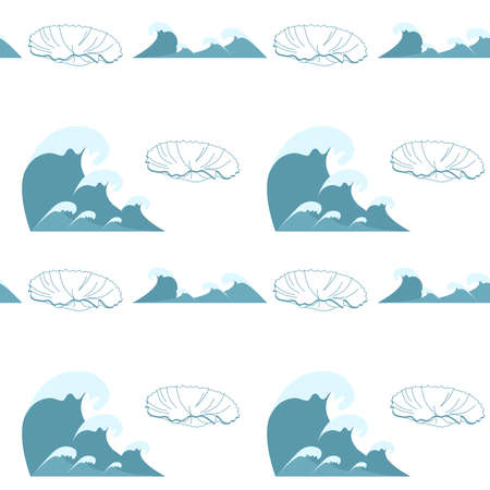 Wave symbols and seashell, seamless set vector isolated on white background,のイラスト素材