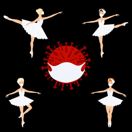 Ballerina and coronavirus, in white medical face mask. Sport exercise, ballet pose. Vector isolated painting artのイラスト素材