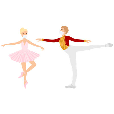 Ballet dancers in face medical mask, ballet during the corona pandemic, Nutcracker prince and ballerina, Christmas collection. Vector element.のイラスト素材