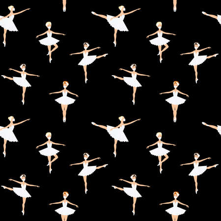 Ballerina seamless pattern in white medical face mask. Sport exercise, ballet pose. Vector isolated painting art. Ballet set. Background blackのイラスト素材