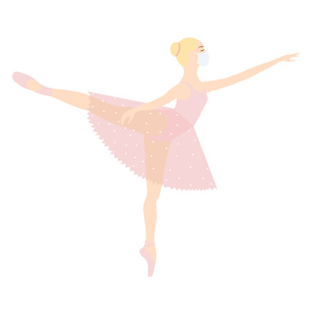 Ballerina and coronavirus, in white medical face mask. Sport exercise, ballet pose. Vector isolated painting artのイラスト素材
