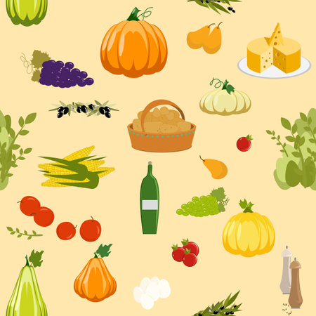 Farmer food harvest, wine, cheese, vegetables, fruits. Flat design. Vector seamless pattern illustrationのイラスト素材