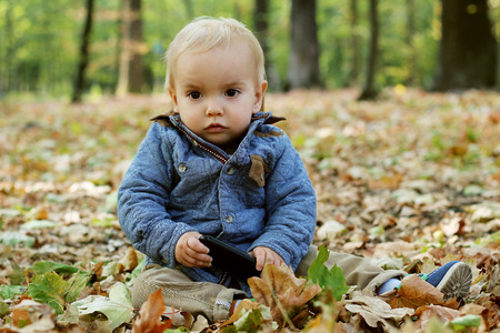 Handsome toddler sitting on the yellow leaves and holding the mobile telephone in her hand, autumn outdoorの写真素材