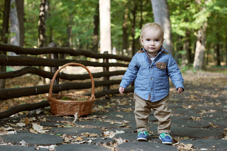 Stylish handsome toddler standing on the wooden path near the log fence in the autumn parkの写真素材