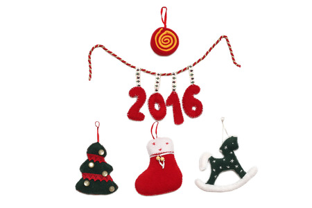 New Year 2016 sign formed with handmade Christmas toys over white background, winter holidays symbolの写真素材