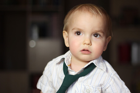 Handsome toddler boy wearing in a white shirt with a green tie looks seriously forward, business concept, indoor portraitの写真素材