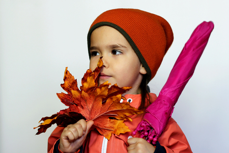 Cute little girl child in orange coat with pink umbrella and yellow maple leaves over white background, autumn season conceptの写真素材