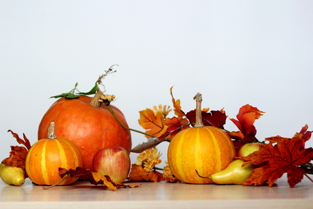 Beautiful autumn composition over white background, Thanksgiving Day and Halloween conceptの写真素材