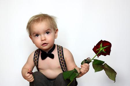 Little boy in suspenders and black bow-tie squatted and holding a red rose, looking interested and with enthusiasm, isolated portrait over white background, romantic and love conceptの写真素材