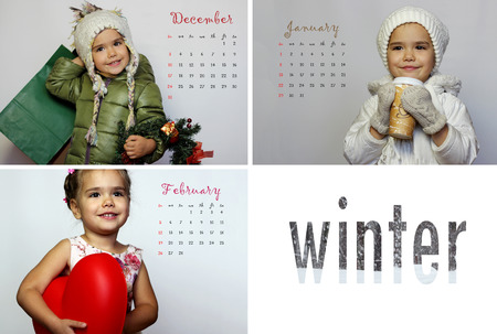 Winter 2017 calendar with cute little girl in casual in different clothes and objects over white backgroundの写真素材