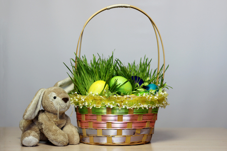 Easter basket with eggs decorated with the grass over white background, traditional season decoration, happy family holidayの写真素材