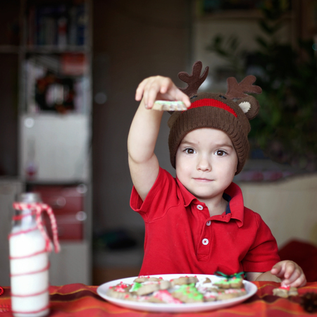 Cute toddler boy in the hat of reindeer eating a cookie from the festive plate with Christmas sweets, classical red and brown Christmas color, winter holidays conceptの写真素材