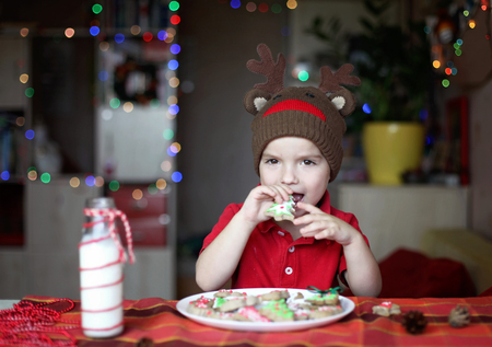 Cute toddler boy in the hat of reindeer eating a cookie from the festive plate with Christmas sweets, classical red and brown Christmas color, winter holidays conceptの写真素材
