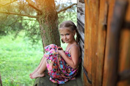 Happy cute kid playing in the treehouse in summer, happy summertime in countryside, ecological playgroundの写真素材