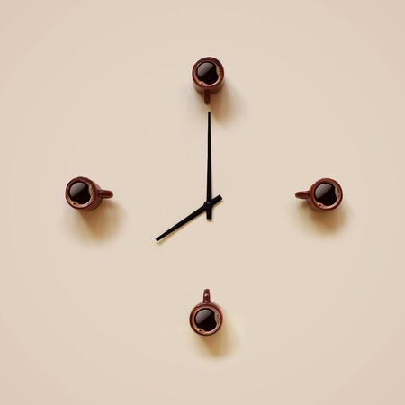 Tiny brown cups with coffee and black indicators placing like clock face over light background, food and drink, morning and active day concept, flat layの写真素材