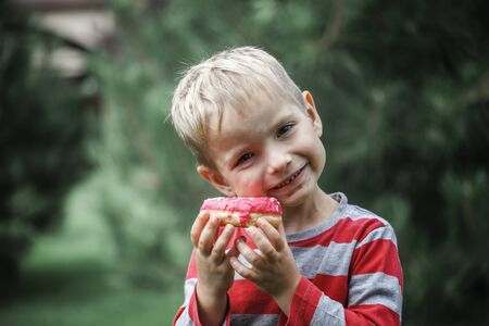 Happy 4-5 years old preschool boy eating a bright pink round donut on the meadow, happy summertime, junk food and dessert concept, summer birthday party outside, diet and healthy lifestyleの写真素材