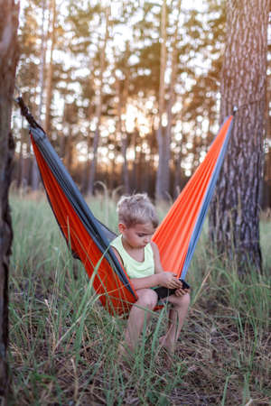 Cute 5 years boy having rest and playing on smartphone in hammock in the wild forest during local vacation, family summer weekend, social distance lifestyleの写真素材