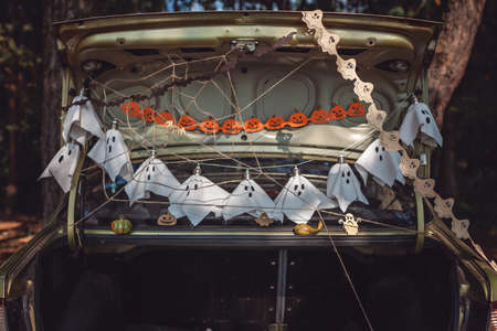 Alternative safe celebration. Cute kids preparing Halloween party in the trunk of car with carved...