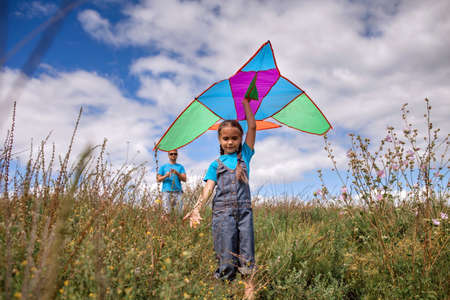 Happy childhood and summertime. Young kid with father having fun and playing with a kite on the meadow, blue sky and beautiful landscape. Summer outdoor, cope space backgroundの写真素材